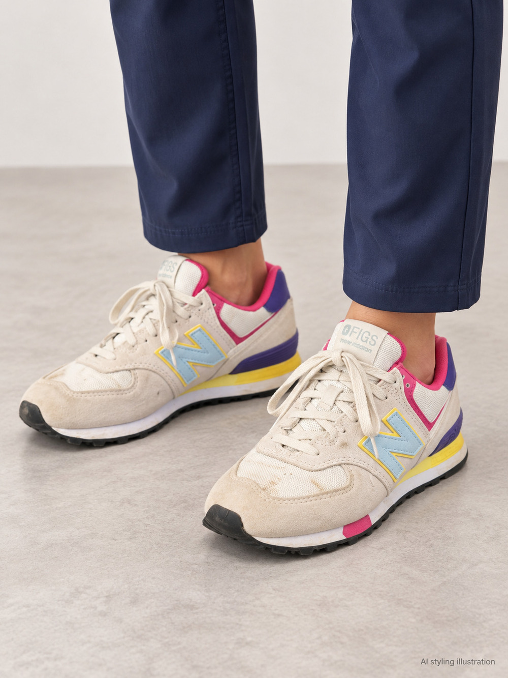 FIGS x New Balance 574 Cream Pink Multicolor Sneakers Women 7.5